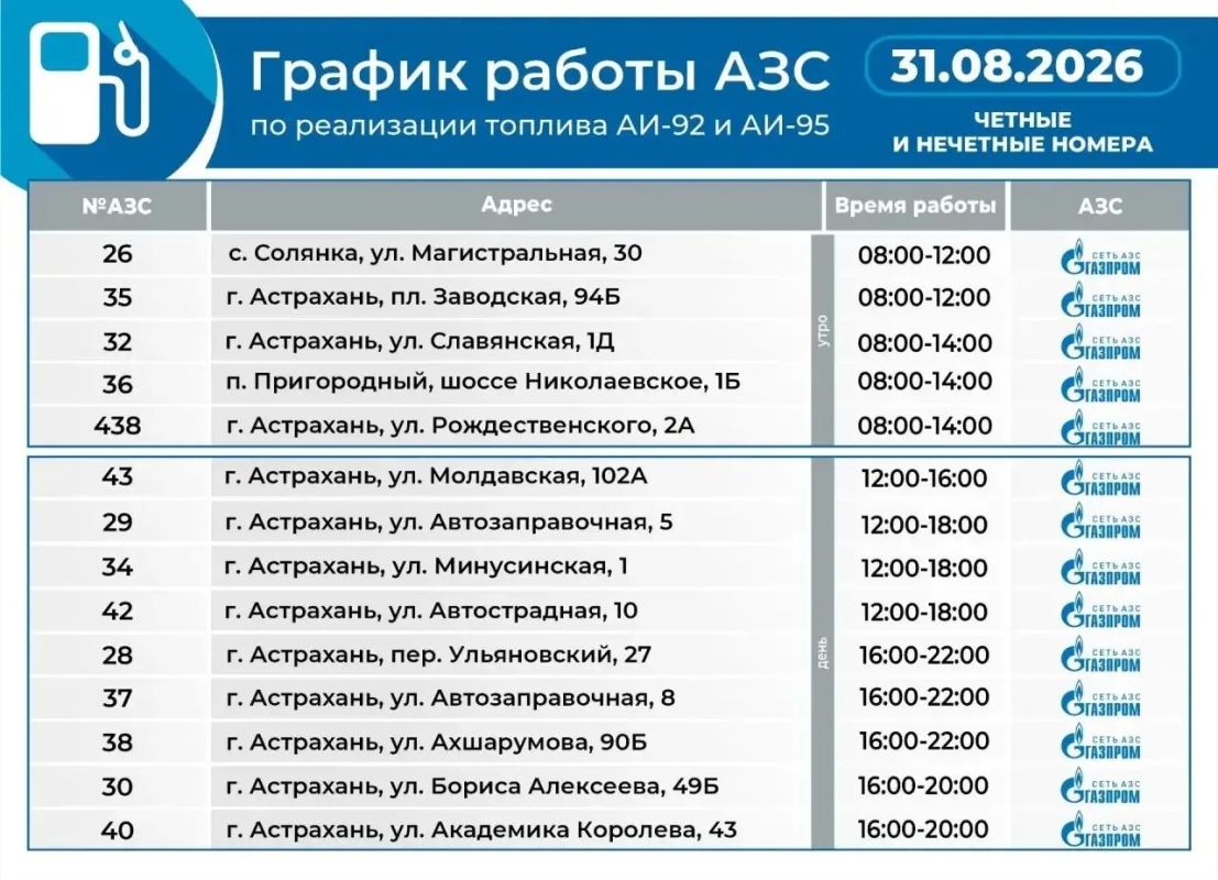 График работы АЗС на 31 августа График работы АЗС на 31 августа